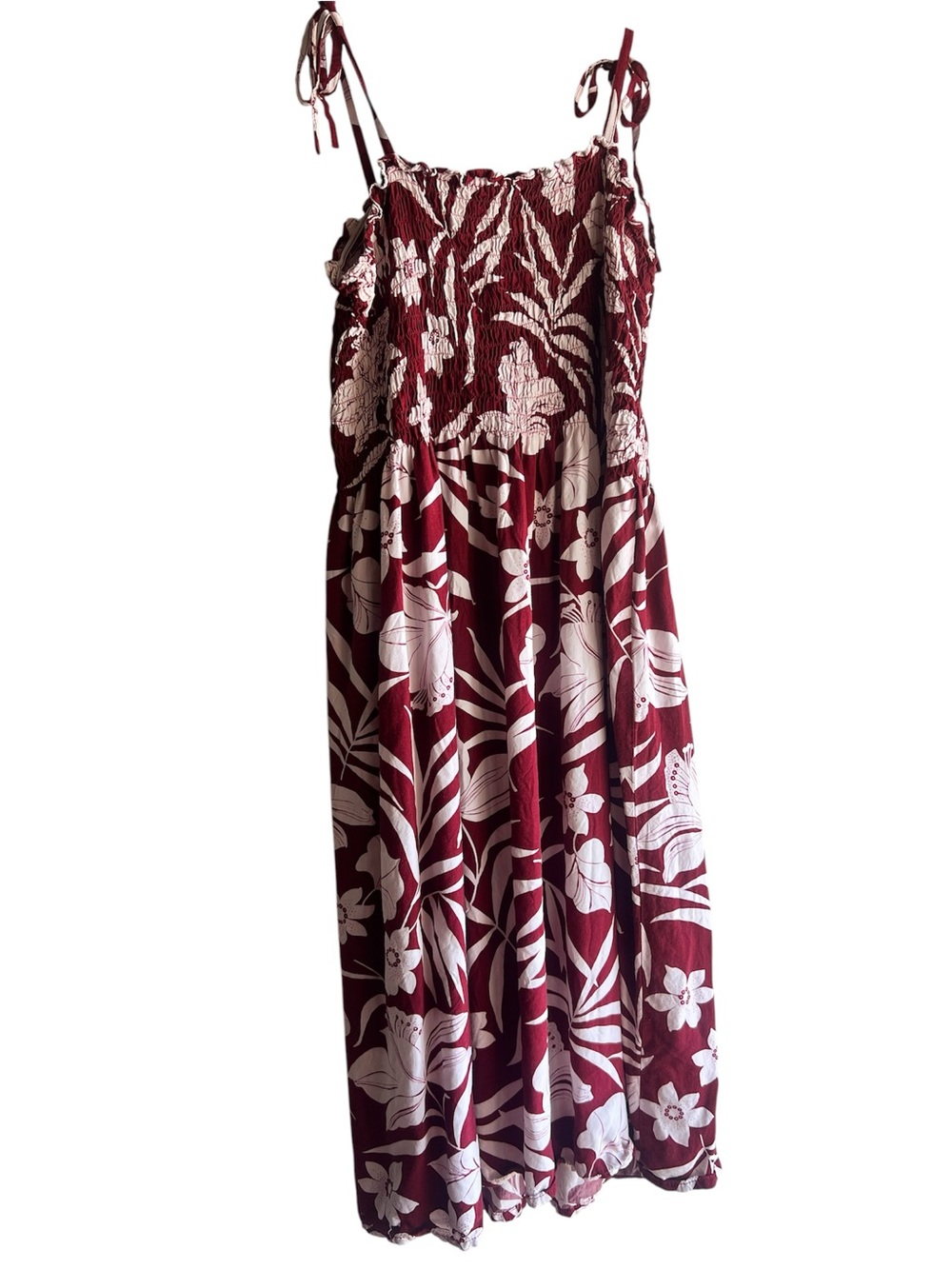 Women's Burgundy Floral Midi Sundress with Tie Straps